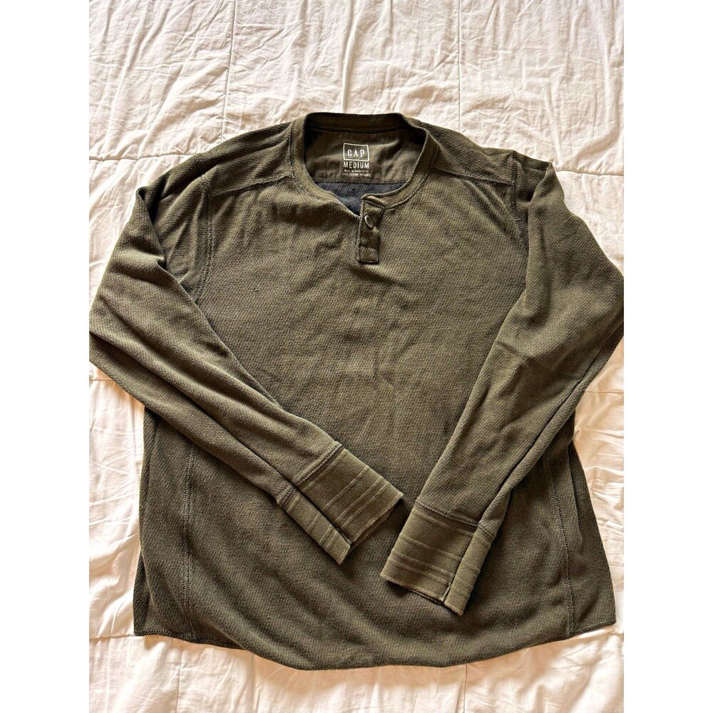 GAP Men's Cotton Knit Henley Button Pullover Sweater Green Long Sleeve M